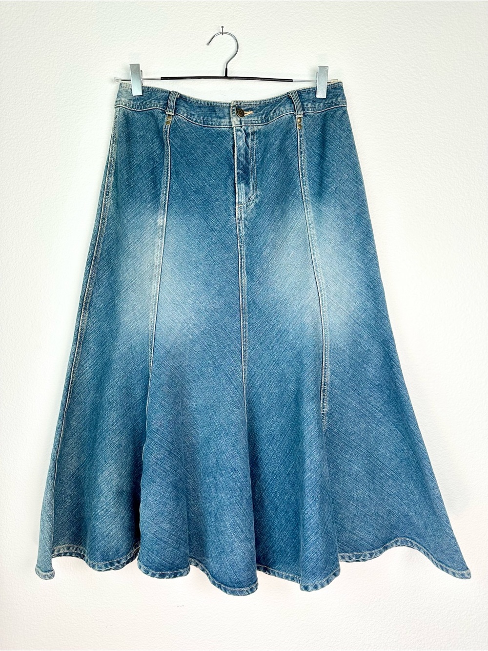 VTG Y2K Live A Little Blue Denim Flared Long Trumpet Button Fly Jean Skirt 10